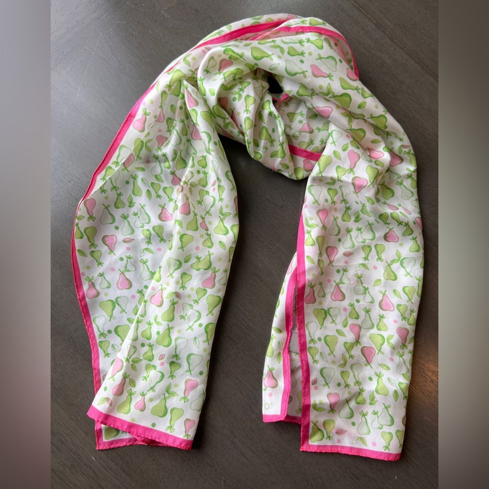 Echo Silk Skinny Scarf Pear Print Pink Green Fruit Neck Scarf